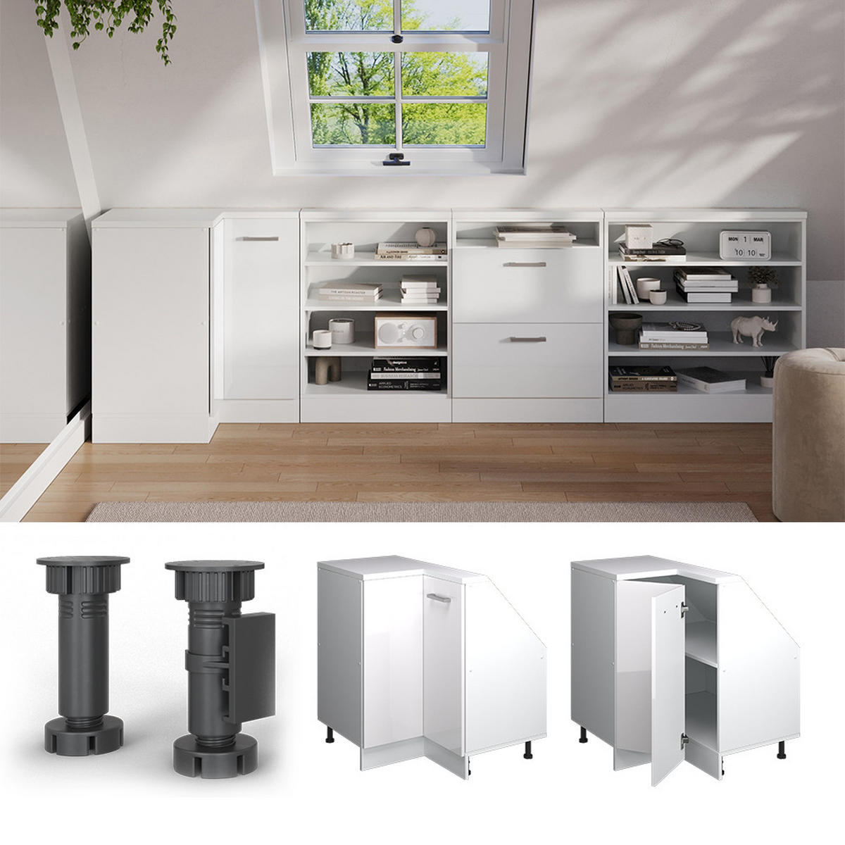 DACHSCHRÄGENSCHRANK ECKSCHRANK Rion Weiß Hochglanz/Weiß 75.6 x 81.6 cm mit 1 Tür - Weiß Hochglanz/Weiß, Holzwerkstoff (75.6/81.6/75.6cm) - Vicco