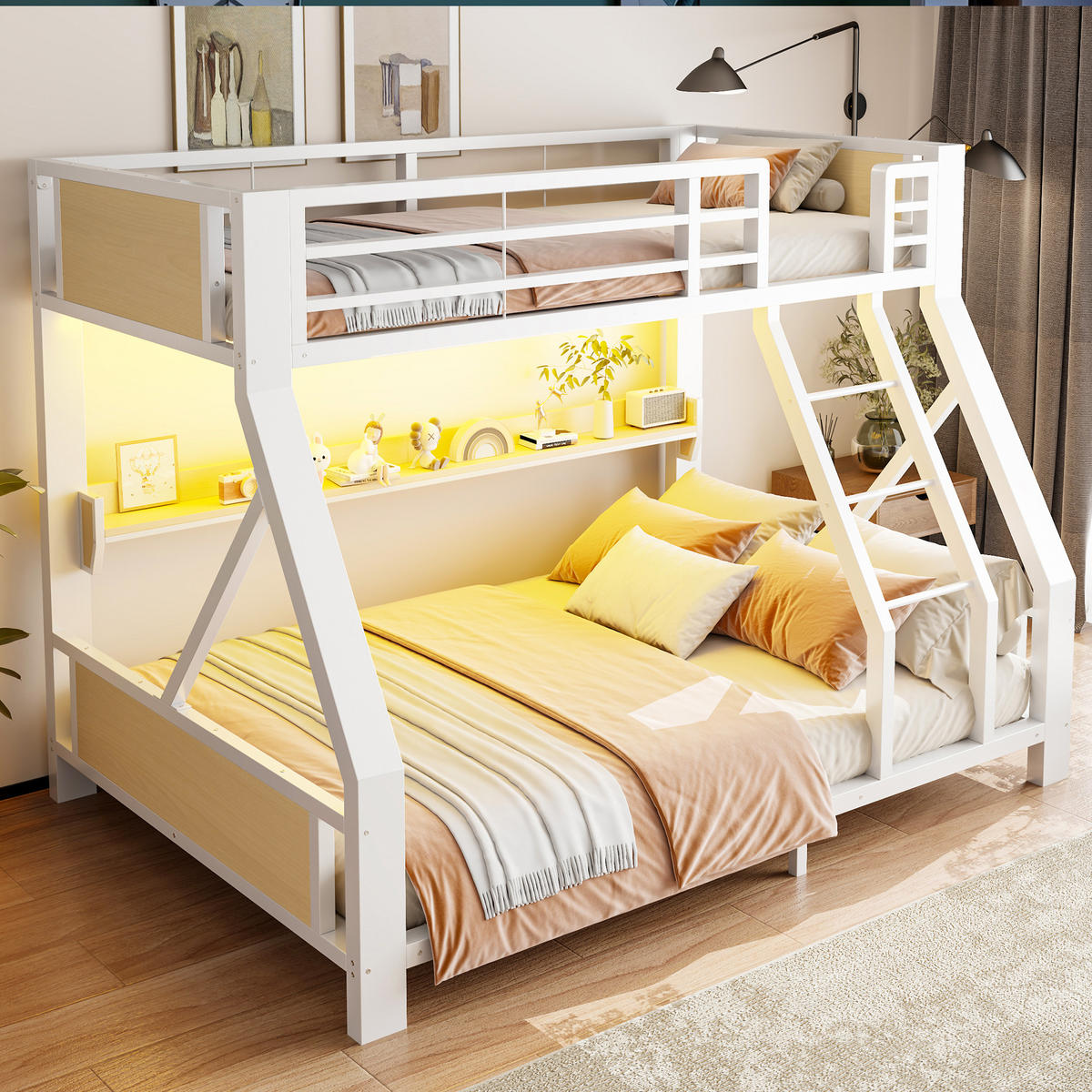 METALL-ETAGENBETT 90x200 / 140x200 cm mit LED, Weiß - Weiß, Holz (140/200cm) - FLIEKS