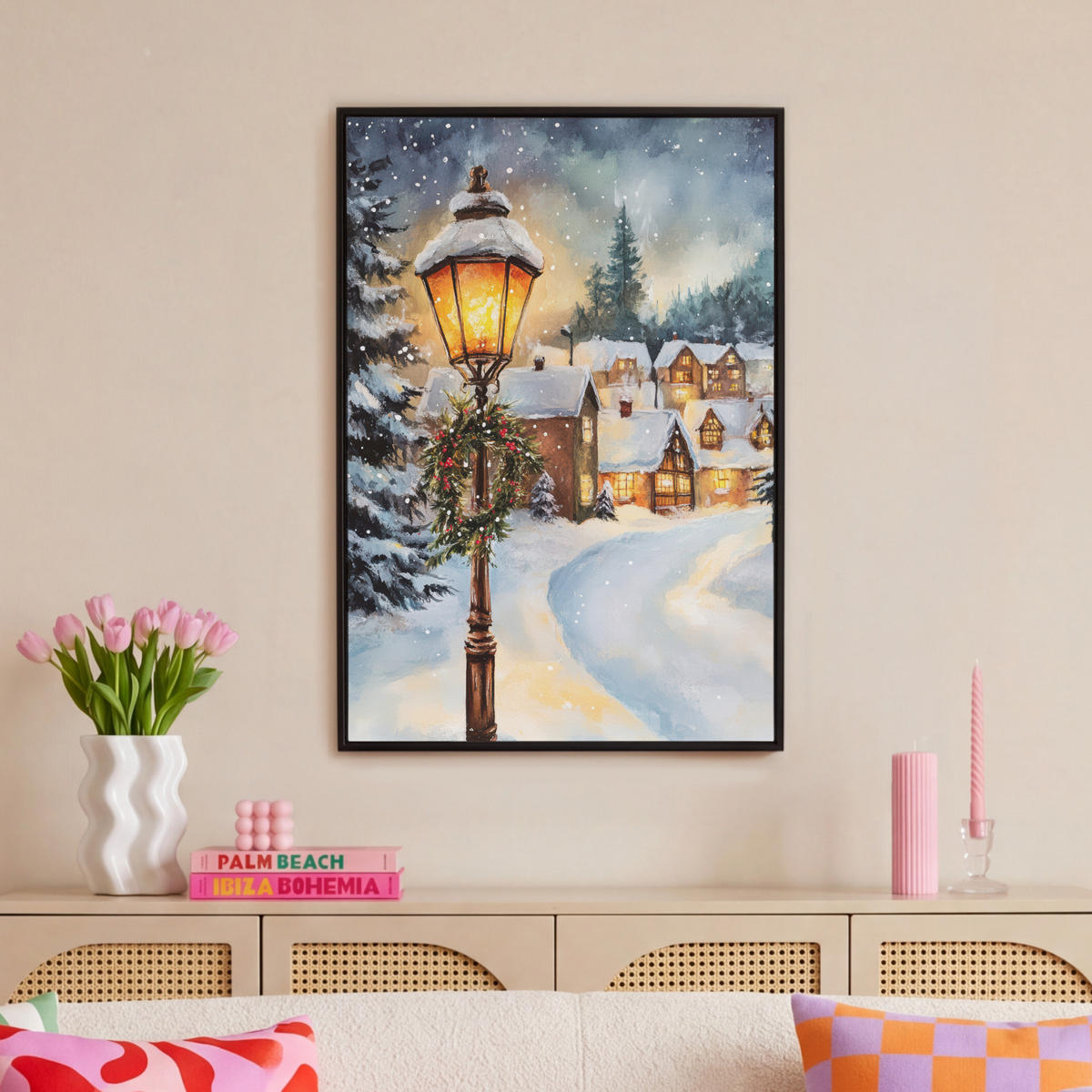 LEINWAND Bilder mit Rahmen - Weihnachtsdorf - Häuser - Schnee - Weihnachten - 60x90 - Sandfarben, Textil (60/90cm) - MuchoWow
