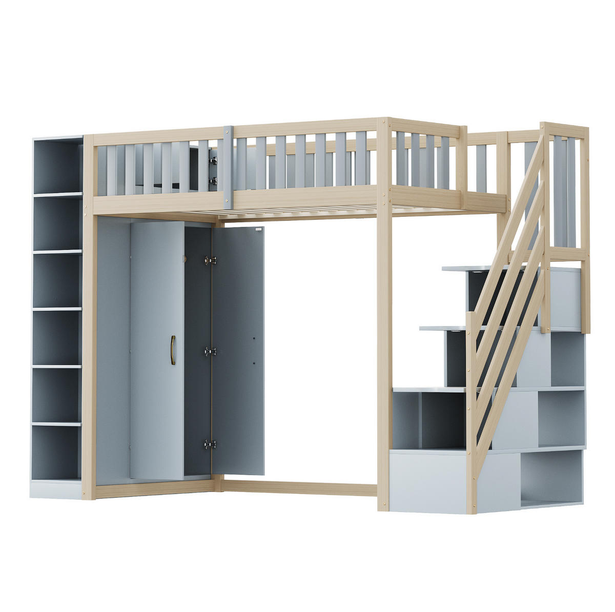HOCHBETT mit Kleiderschrank und Regalen 90x200 cm Grau/Holzfarbe - Grau, Holzwerkstoff (90/200cm) - Beauniv