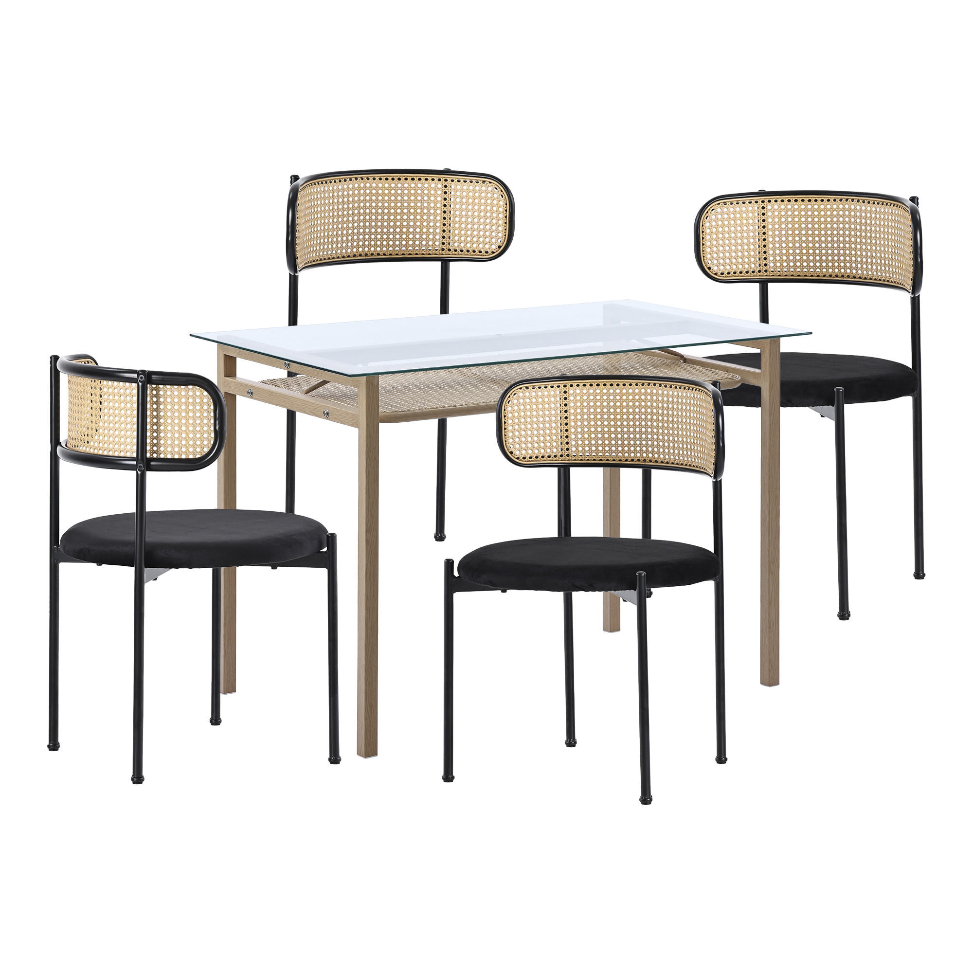 ESSTISCH SET mit Esstisch aus Glas und 4 Rattan stühle - Schwarz, Glas/Textil (110/74/65cm) - Urban Meuble