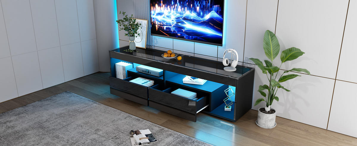 TV-SCHRANK in Hochglanz Schwarz mit LED und 2 Schubladen 180/40/46 cm - Schwarz, Holzwerkstoff (180/46/40cm) - Redom