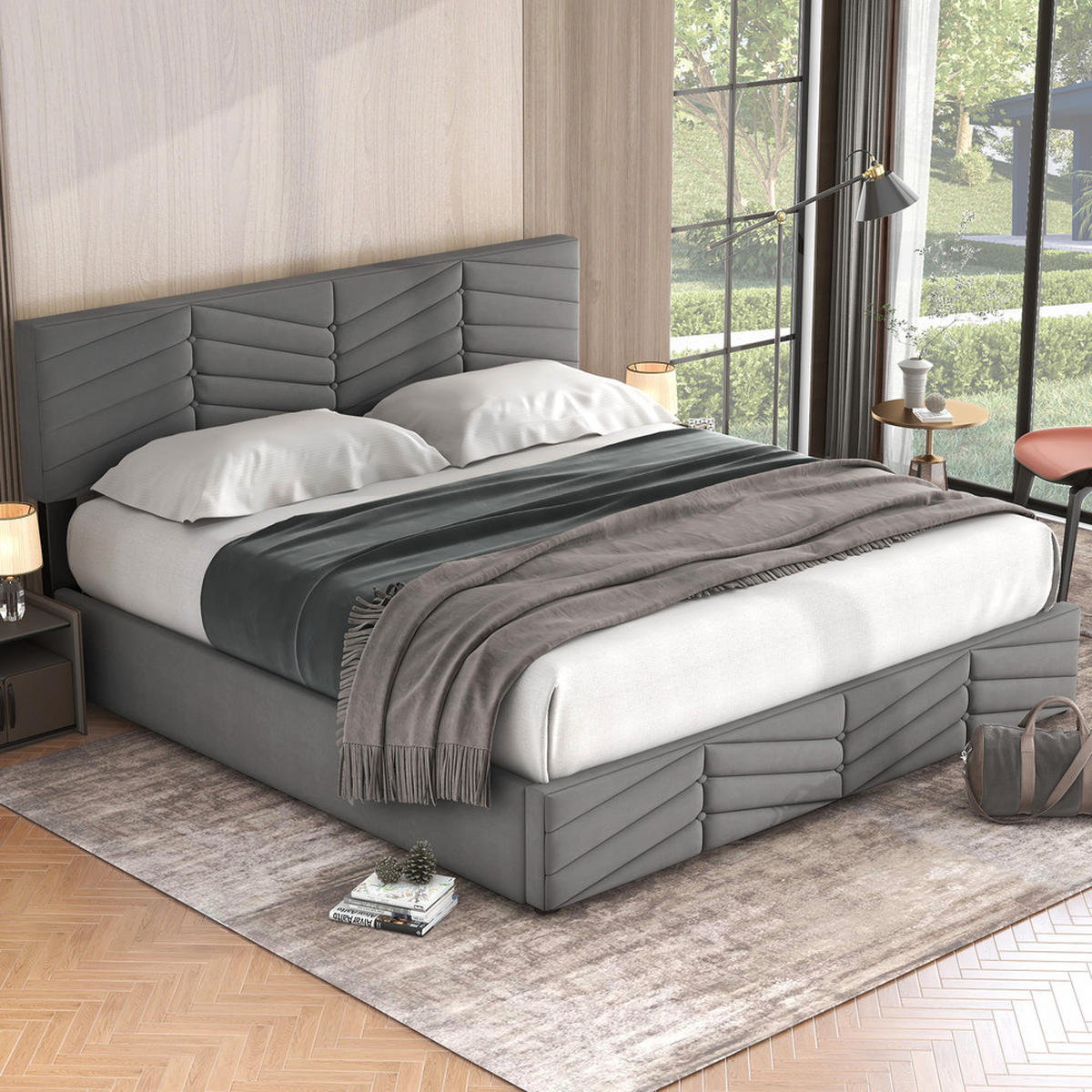 BETT Streifen-Stil Samt 180x200 Hydraulischer Bettkasten Stauraum - Grau, Textil - Raelunyi