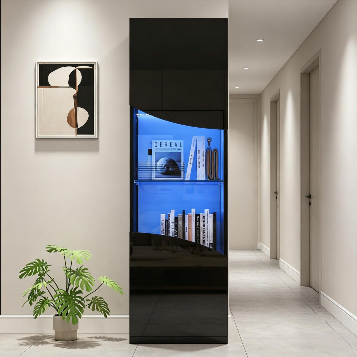 VITRINE Schmales Vitrinenregal mit 4 Ebenen, Hochglanz, Glas & LED-Beleuchtung 35/50/165 cm Schwarz 1 Set - Schwarz, Glas/Holzwerkstoff (50/165/35cm) - EVRYAE