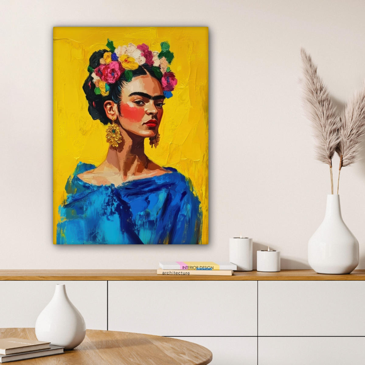 LEINWANDBILD Frida Kahlo - Frau - Gelb - Blau - Blumen 60x80 cm - Gelb, Textil (60/80cm) - MuchoWow