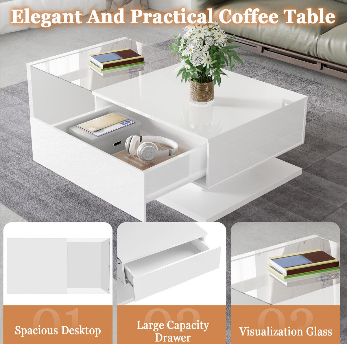 COUCHTISCH 105/55/32.5 cm Weiß aus Spanplatte mit Glasplatte und LED-Beleuchtung - Weiß, Holzwerkstoff (105/55/32.5cm) - OKMYHOME