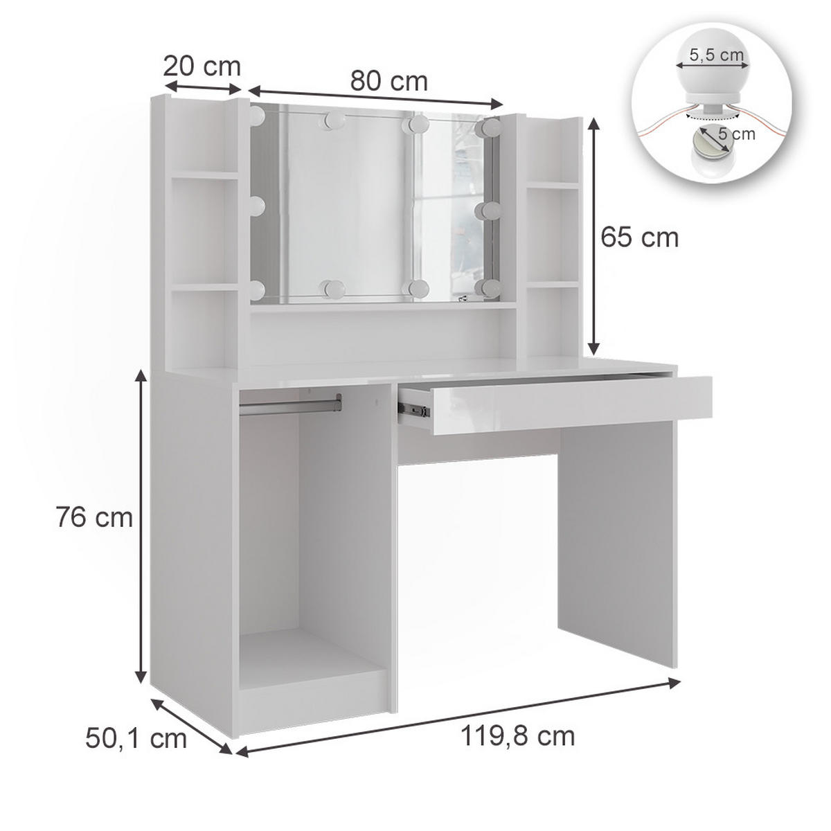 SCHMINKTISCH Sherry Weiß/Weiß Hochglanz 119.8 cm 4 Teile - Weiß Hochglanz, Holzwerkstoff (119.8/76/50.1cm) - Vicco