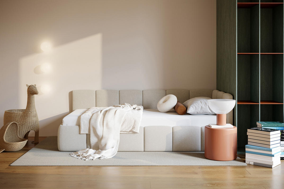 POLSTERBETT AURO mit Bettkasten, Einzelbett, rechts - 90x200 cm - Kaschmir/Beige, Holz/Textil (90/200cm) - mybed.