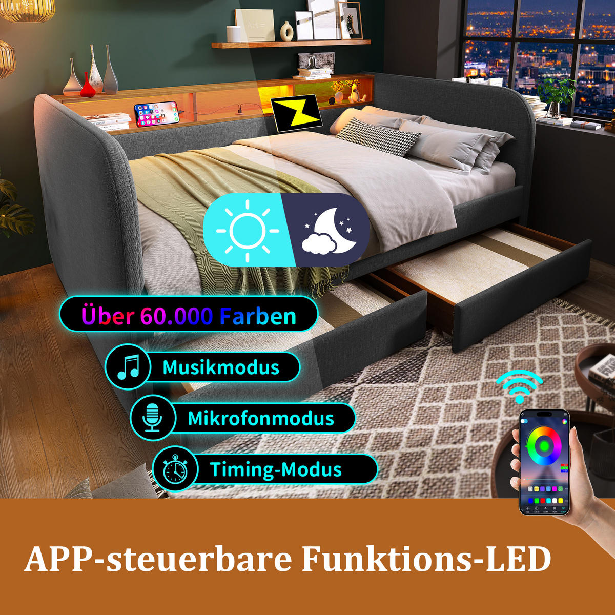 POLSTERBETT 140/190 cm Grau mit LED und USB-C-Ladefunktion mit 2 Schubladen - Grau, Textil (140/190cm) - OKWISH