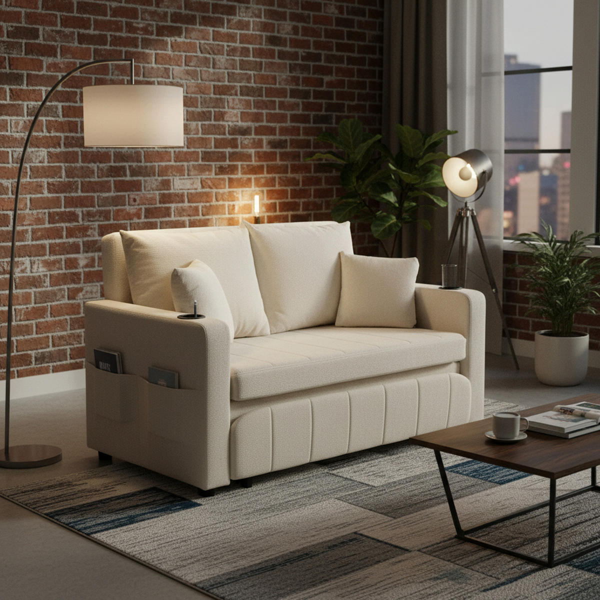 SCHLAFSOFA aus chenille mit bettfunktion, usb-anschluss & becherhaltern - Beige, Textil (139/83/73cm) - Urban Meuble