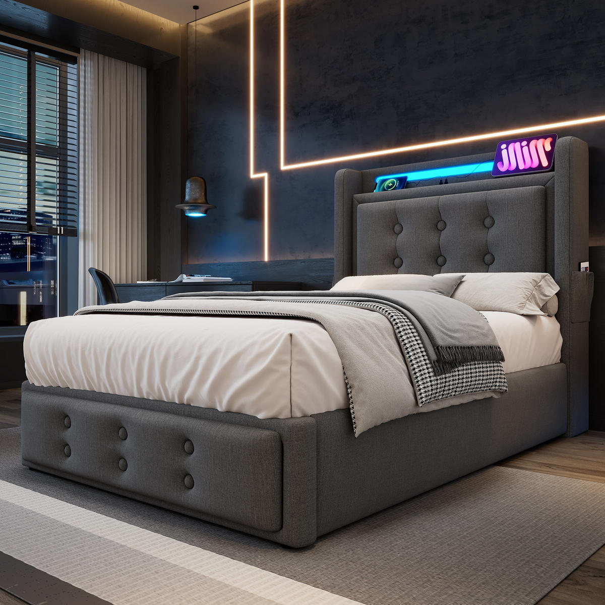 POLSTERBETT mit Stauraum, LED und Ladefunktion 90x200 cm Grau - Grau, Metall (90/200cm) - Meubliv
