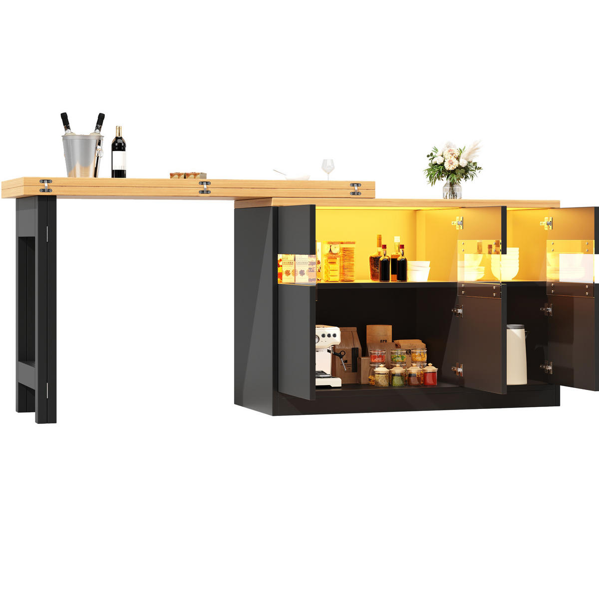 BARTISCH, MDF mit LED & 360° drehbar, ausziehbar 120-180/40/71,5 cm, Schwarz - Schwarz, Holzwerkstoff (40/71.5/107cm) - Redom