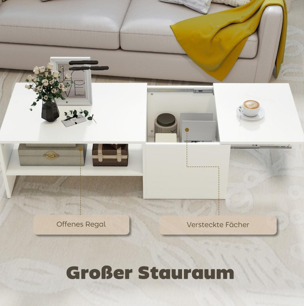 KONFERENČNÍ stolek ze dřeva 110x52x36 cm bílý s posuvnou deskou a úložným prostorem - bílá, kompozitní dřevo (110/52/36cm) - Modfu