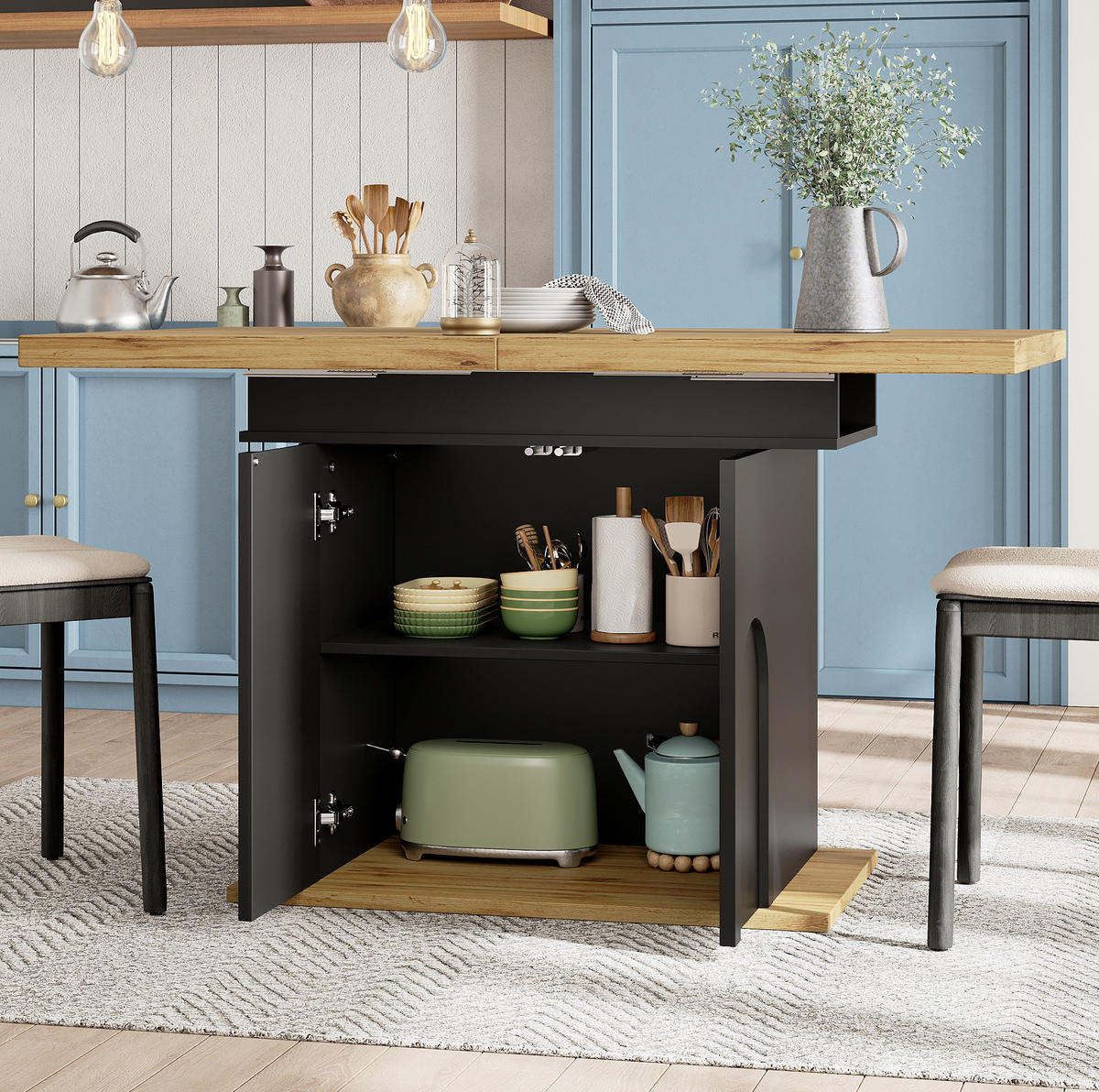 ESSTISCH aus MDF 110-140x80x76 cm Schwarz/Natur ausziehbar mit Stauraum und Soft-Close-Tür - Schwarz, Holzwerkstoff (140/80/76cm) - Modfu