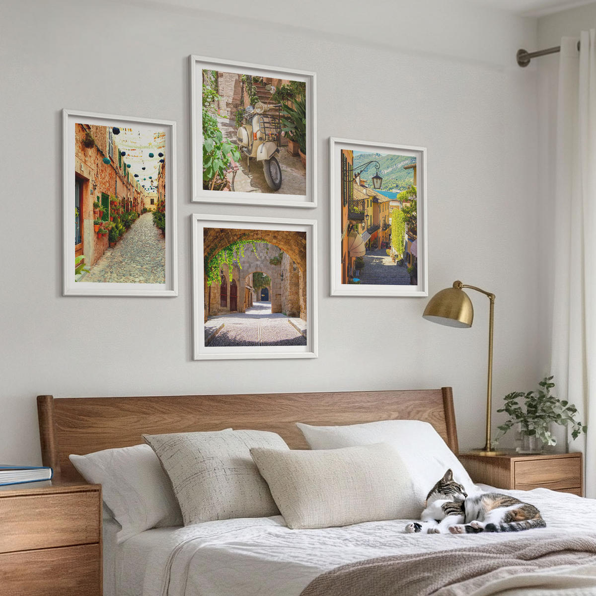 WANDBILDER 4er-Set - 50x50 cm & 40x60 cm Weißer Rahmen - Charmante Straßen und Pizza - Weiß, Kunststoff (50/50cm) - ArtPrintCave