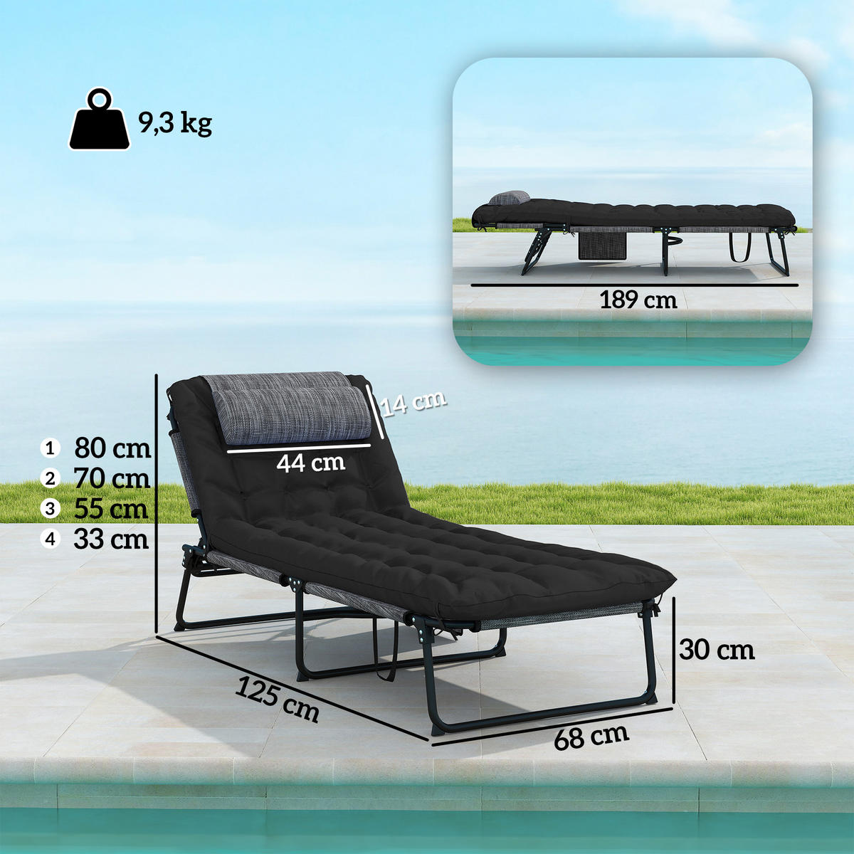 SONNENLIEGE mit Seitentasche Schwarz - Schwarz, Textil/Metall (189/30/68cm) - Outsunny