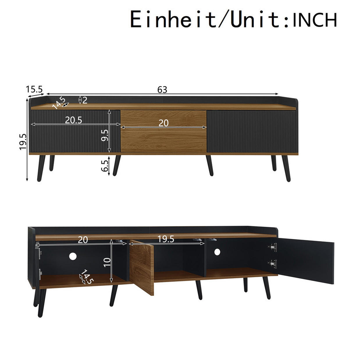 TV-SCHRANK 160cm 3 Türen Schwarz Holz MDF - Schwarz, Holz (48.26/18.42/119.38cm) - FLIEKS