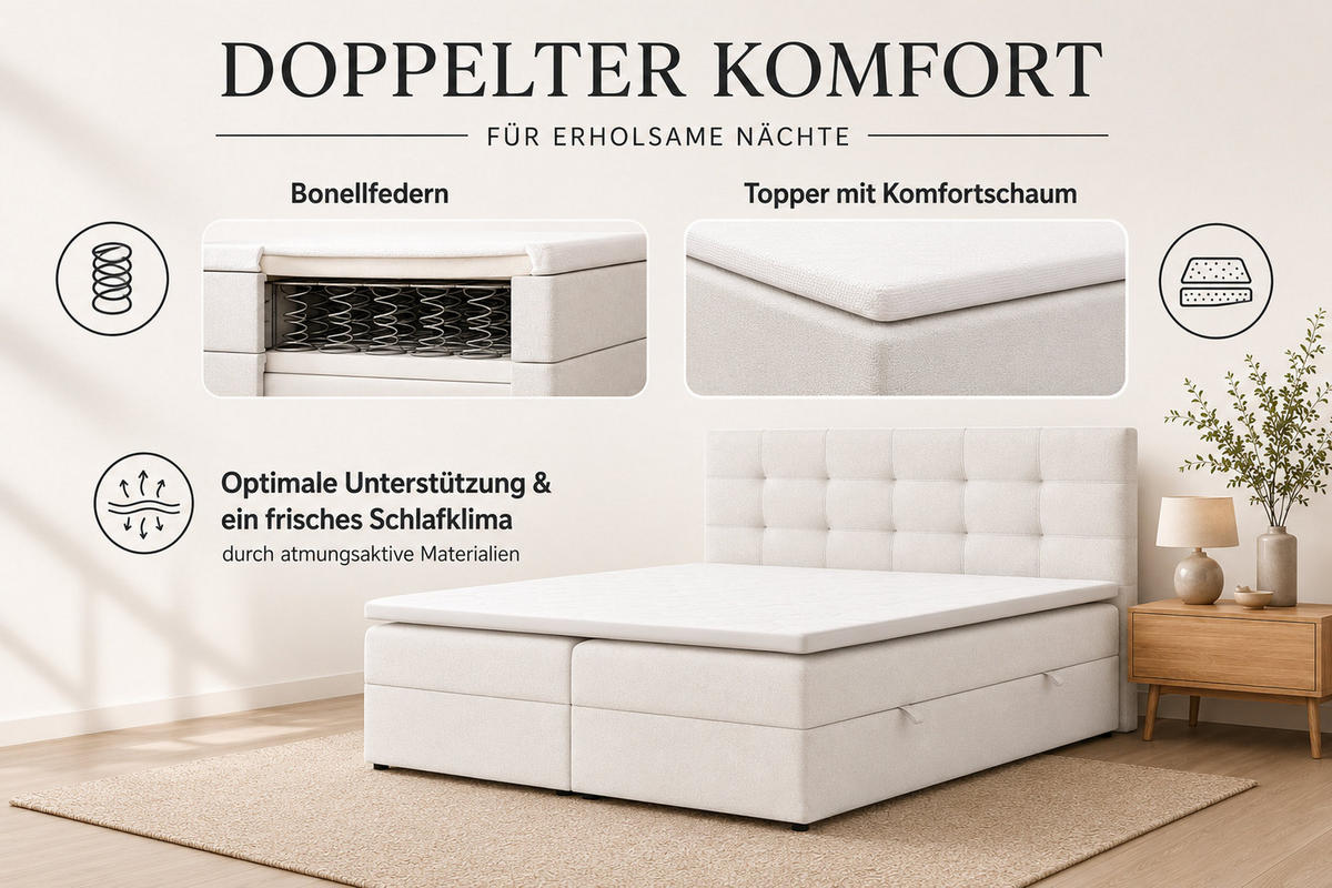 BOXBETT JESSA mit Bettkästen H2/H3 Matratze 160x200cm - Beige, Holzwerkstoff (160/200cm) - VENASI MÖBEL