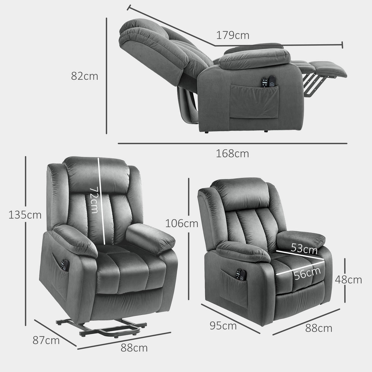 FERNSEHSESSEL mit Aufstehhilfe Relaxsessel mit Liegefunktion, Vibrationsmassage - Dunkelgrau/Schwarz, Textil/Metall (88/106/95cm) - HOMCOM