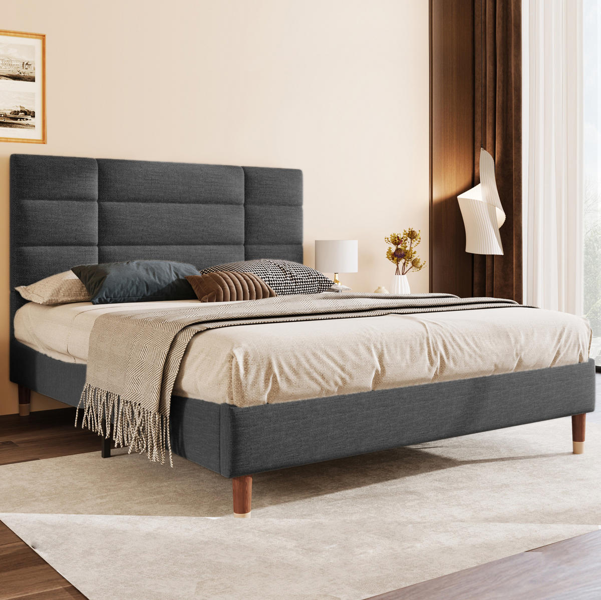POLNJENA postelja iz lesa 140x200 cm siva z 7-consko vzmetnico, oblazinjenim vzglavjem in predalom pod posteljo - siva, tekstil (140/200cm) - Modfu