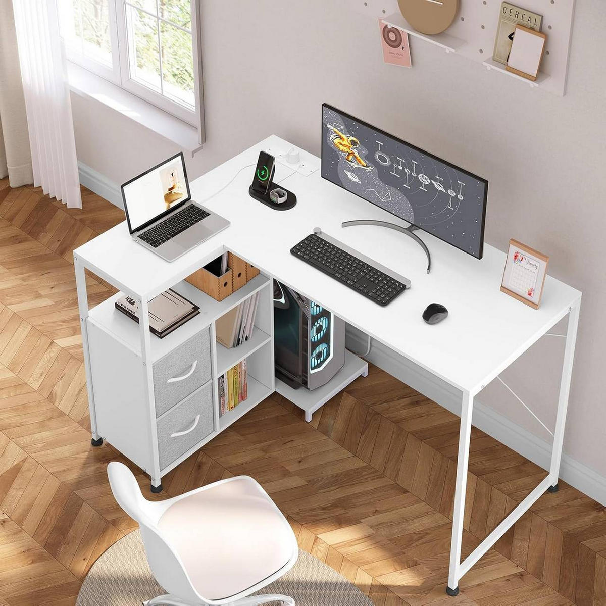 ECKSCHREIBTISCH L-Form, mit Steckdosen, Weiß - Weiß, Holzwerkstoff/Textil (80/120/76cm) - Woltu