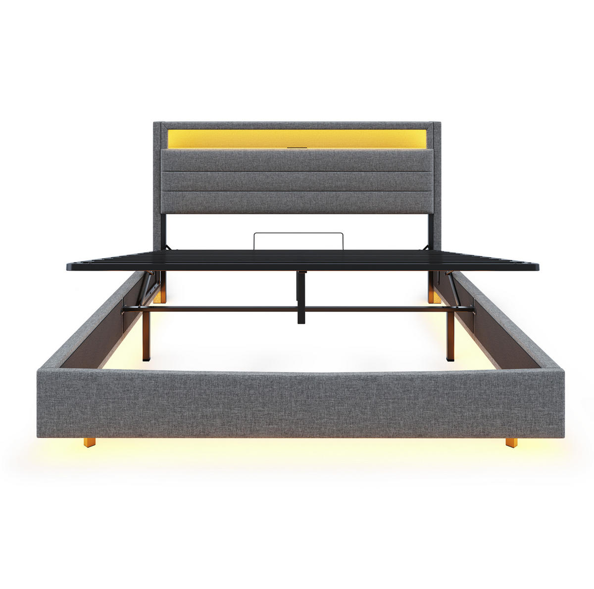 POLSTERBETT 140/200 cm Grau mit Stauraum, LED-Beleuchtung und USB-Anschluss - Grau, Textil (140/200cm) - Flora Grace