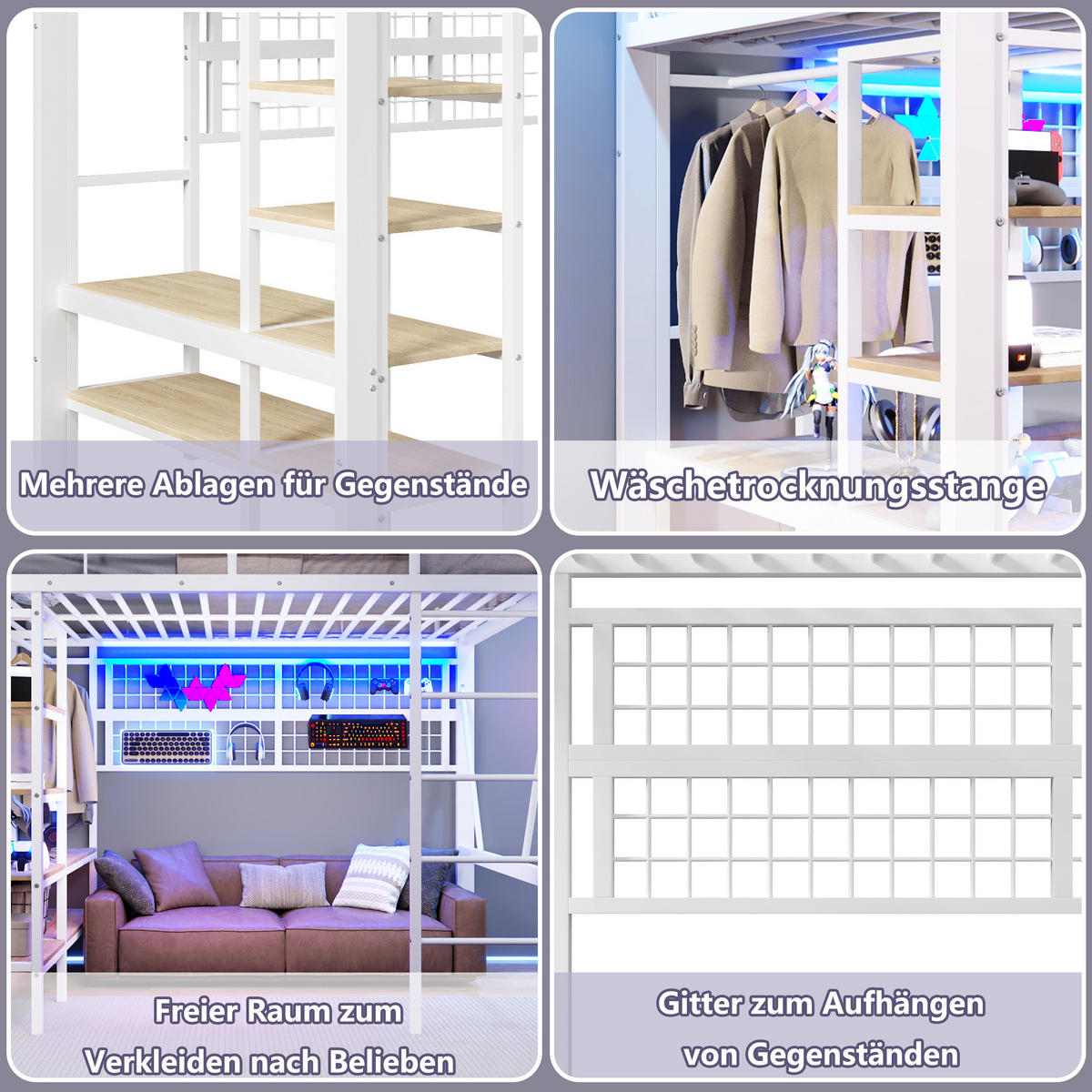 HOCHBETT aus Metall 140x200 cm in Weiß mit LED-Lichtleiste & Ablagefach - Weiß, Metall (140/200cm) - Modfu