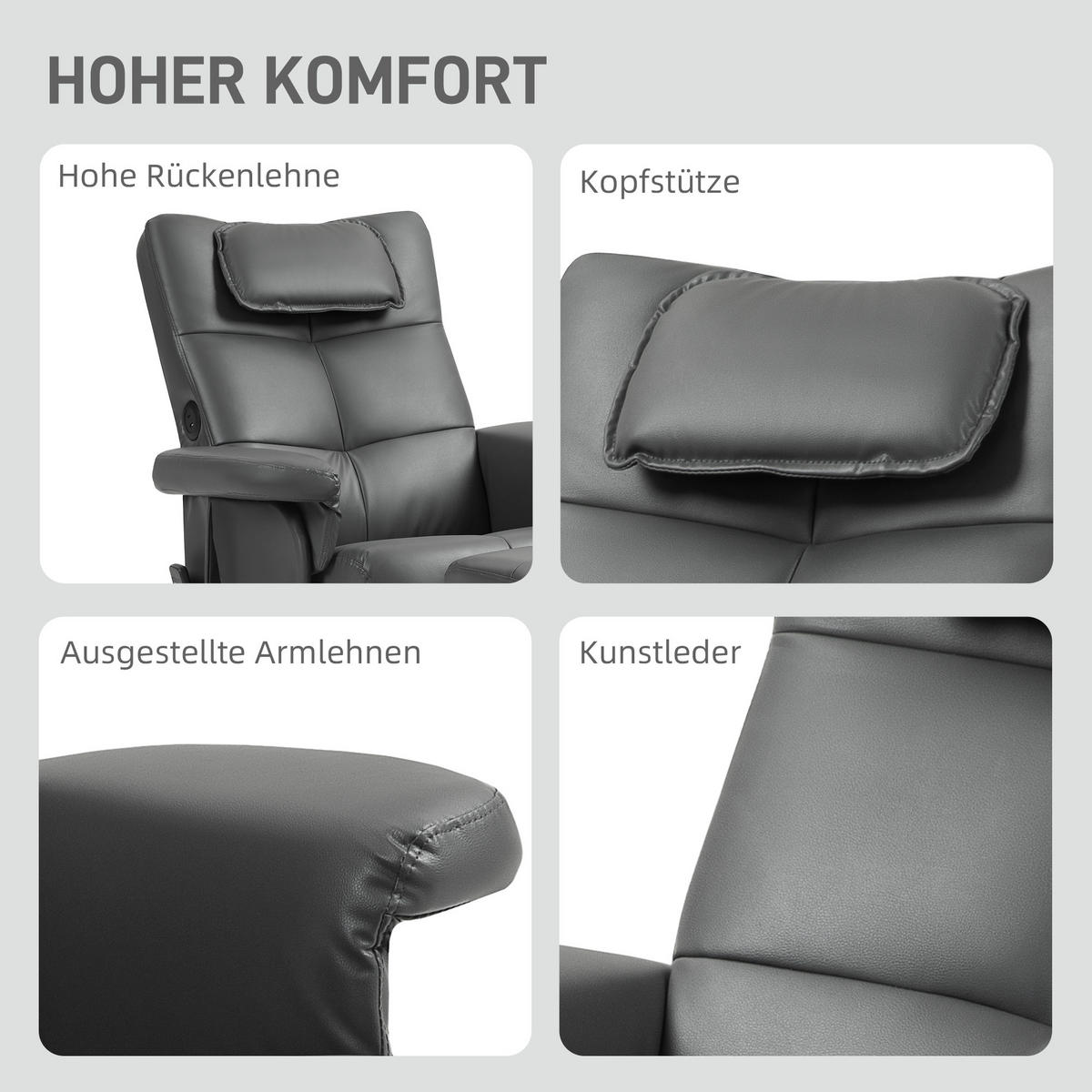 RELAXSESSEL Massagesessel mit Hocker Fernsehsessel mit Liegefunktion Dunkelgrau - Dunkelgrau, Leder (86/93/78cm) - HOMCOM