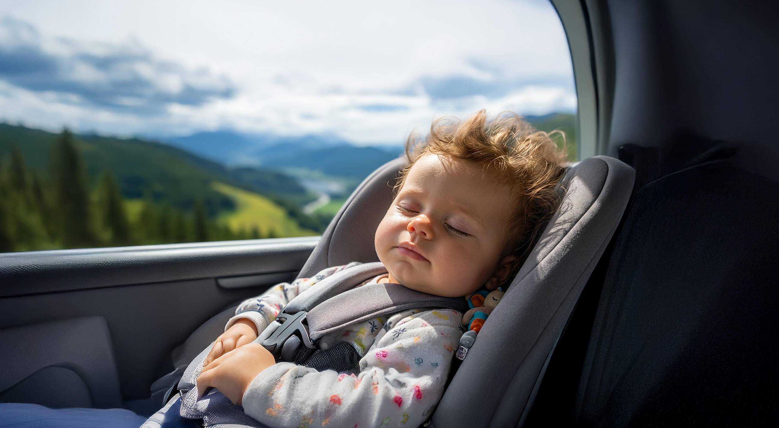 Ein Kleinkind sitzt in einem Autositz auf der Rückbank, während die Landschaft mit grünen Hügeln und Bergen vorbeizieht. Durch das große Seitenfenster fällt helles Tageslicht ins Auto und betont die ruhige Stimmung während der Fahrt.