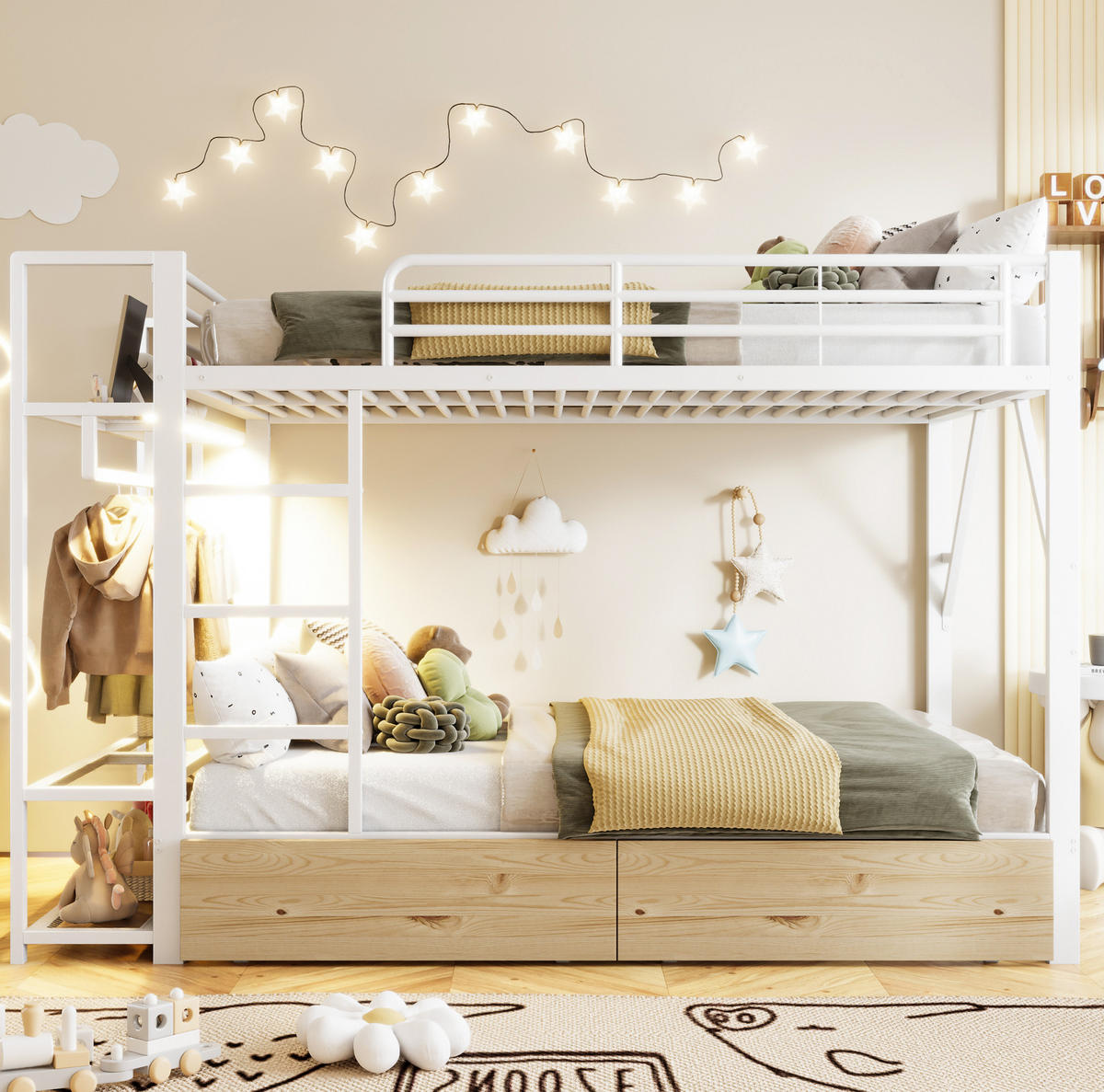 ETAGENBETT 140/200 cm weiß aus Metall mit LED, Regalen und 2 Schubladen - Weiß, Metall (140/200cm) - OKWISH