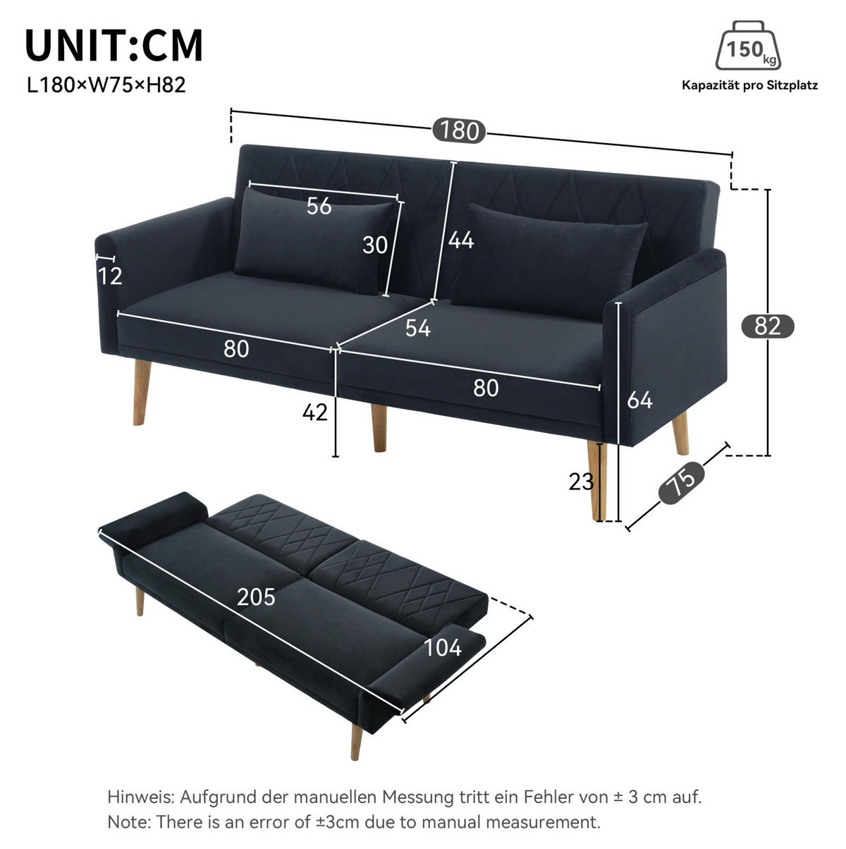 SCHLAFSOFA aus Samt 180x75x82 cm Schwarz mit verstellbarer Rückenlehne, 5-fach Armlehnen und 2 Kissen - Schwarz, Textil (75/82/180cm) - Modfu