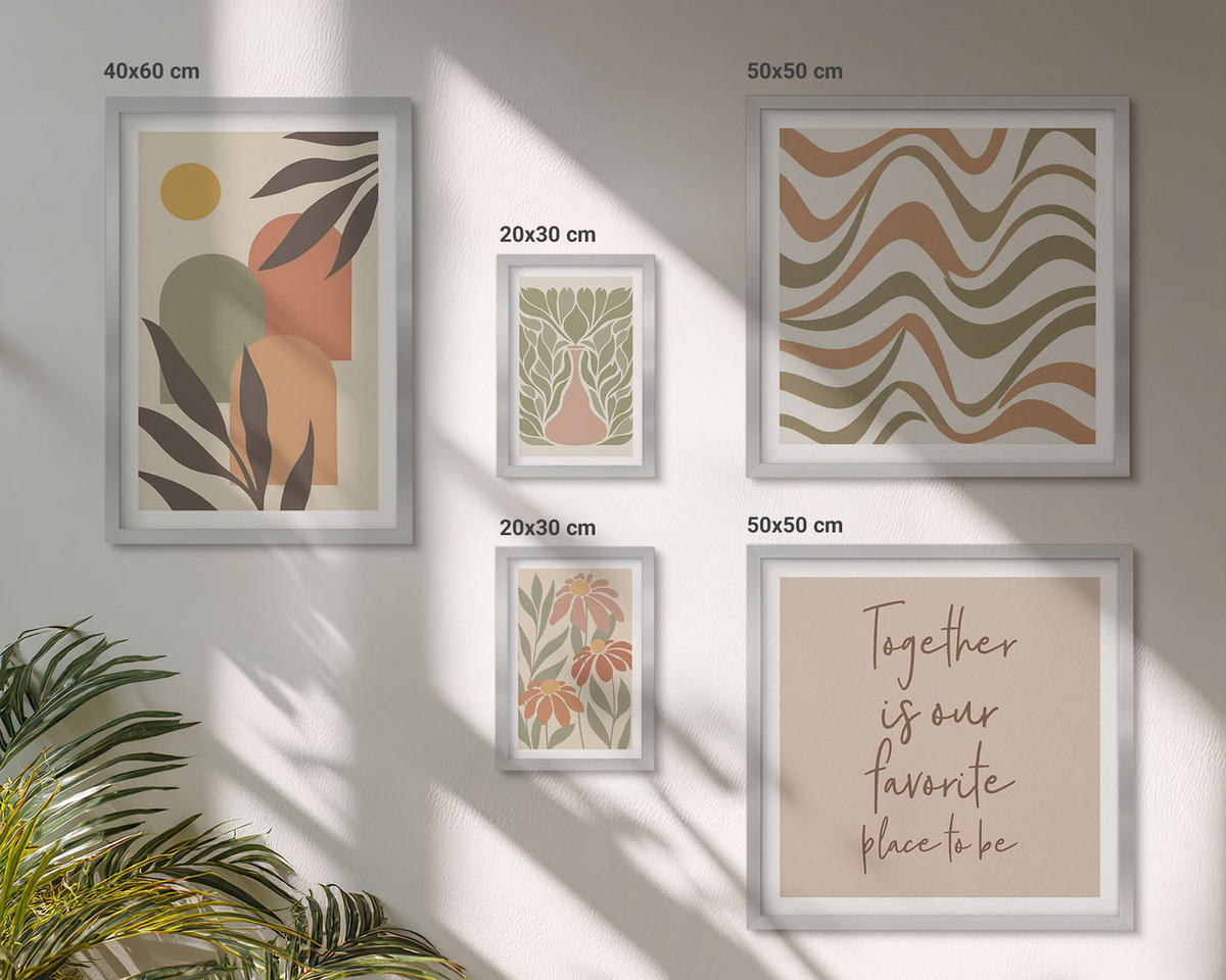 BILDER SET 5er Set - 50x50 cm & 20x30 cm & 40x60 cm Silberner Rahmen - Abstrakte Pastellblumen - Silberfarben, Kunststoff (40/60cm) - TULUP