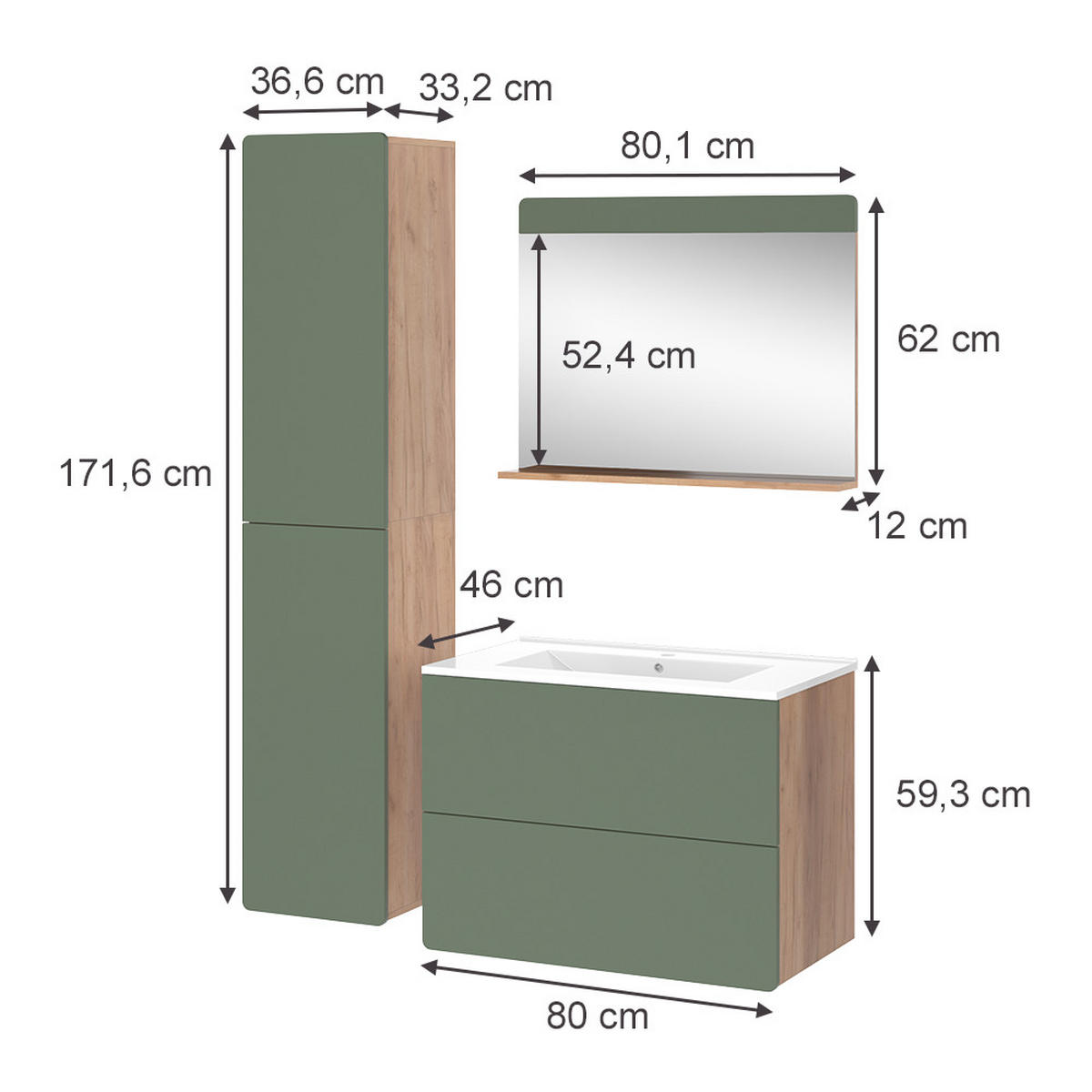 SADA KOUPELNOVÉHO NÁBYTKU Izan Dub Goldkraft/zelená - zelená barva/barva dubu, kompozitní dřevo (80/59.3/46cm) - Vicco