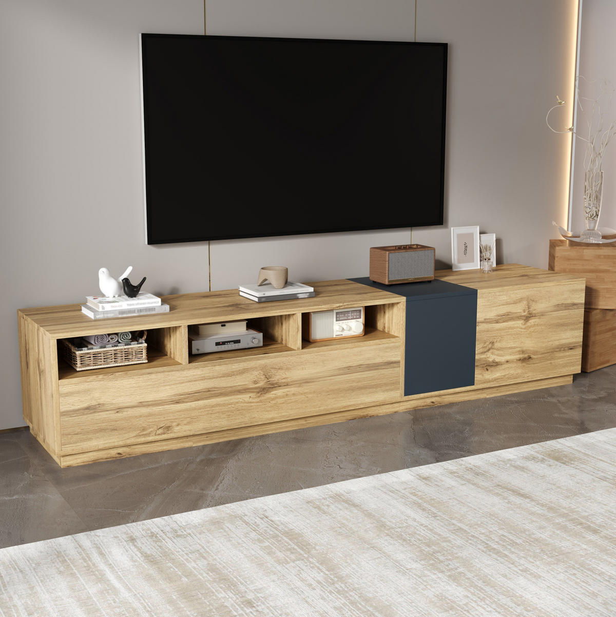 TV stolek 200/45/45 cm s otevřenými přihrádkami a kabelovými průchodkami, dvířky a tichým zavíráním, Černá/Šedá a přírodní - černá, kompozitní dřevo (200/45/45cm) - Redom