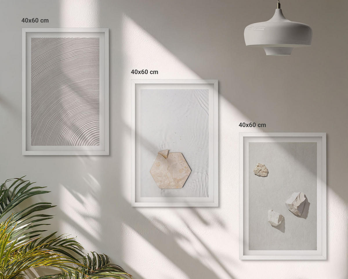 WANDBILDER 3er-Set - 40x60 cm Weißer Rahmen - Leichte Boho-Sandtexturen - Weiß, Kunststoff (40/60cm) - ArtPrintCave