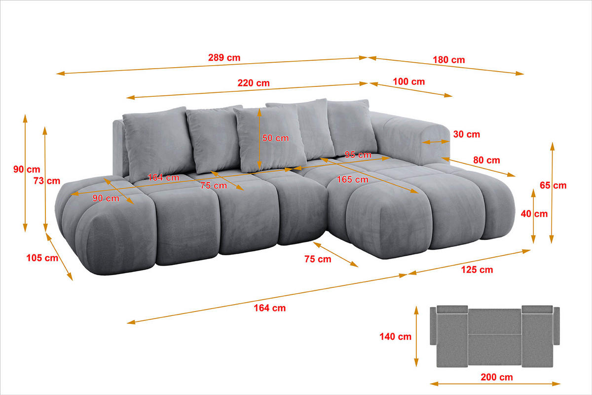 ECKSOFA Ottomane Rechts CLOUD-L-v1 289x180x40 Hellgrau Velours - Hellgrau, Holzwerkstoff/Kunststoff (289/180cm) - ALTDECOR