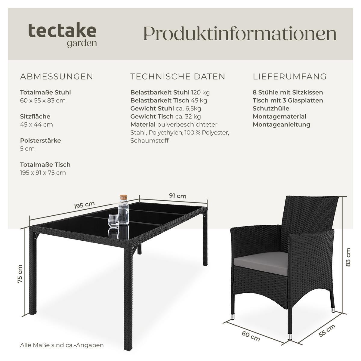 RATTAN SITZGRUPPE Almansa,inklusive Schutzhülle,schwarz/grau - Schwarz/Grau, Kunststoff - tectake