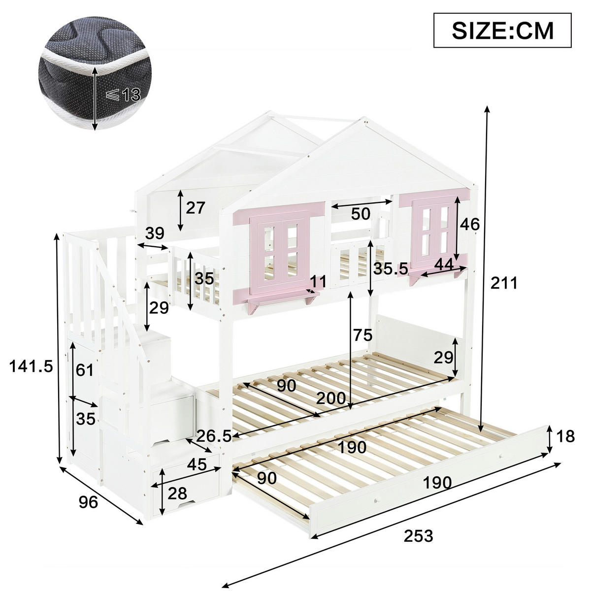 ETAGENBETT 90x200 cm in Weiß und Rosa mit Rollbett, Stauraumtreppe und Kleiderstange - Weiß, Holz (90/200cm) - IVMEU