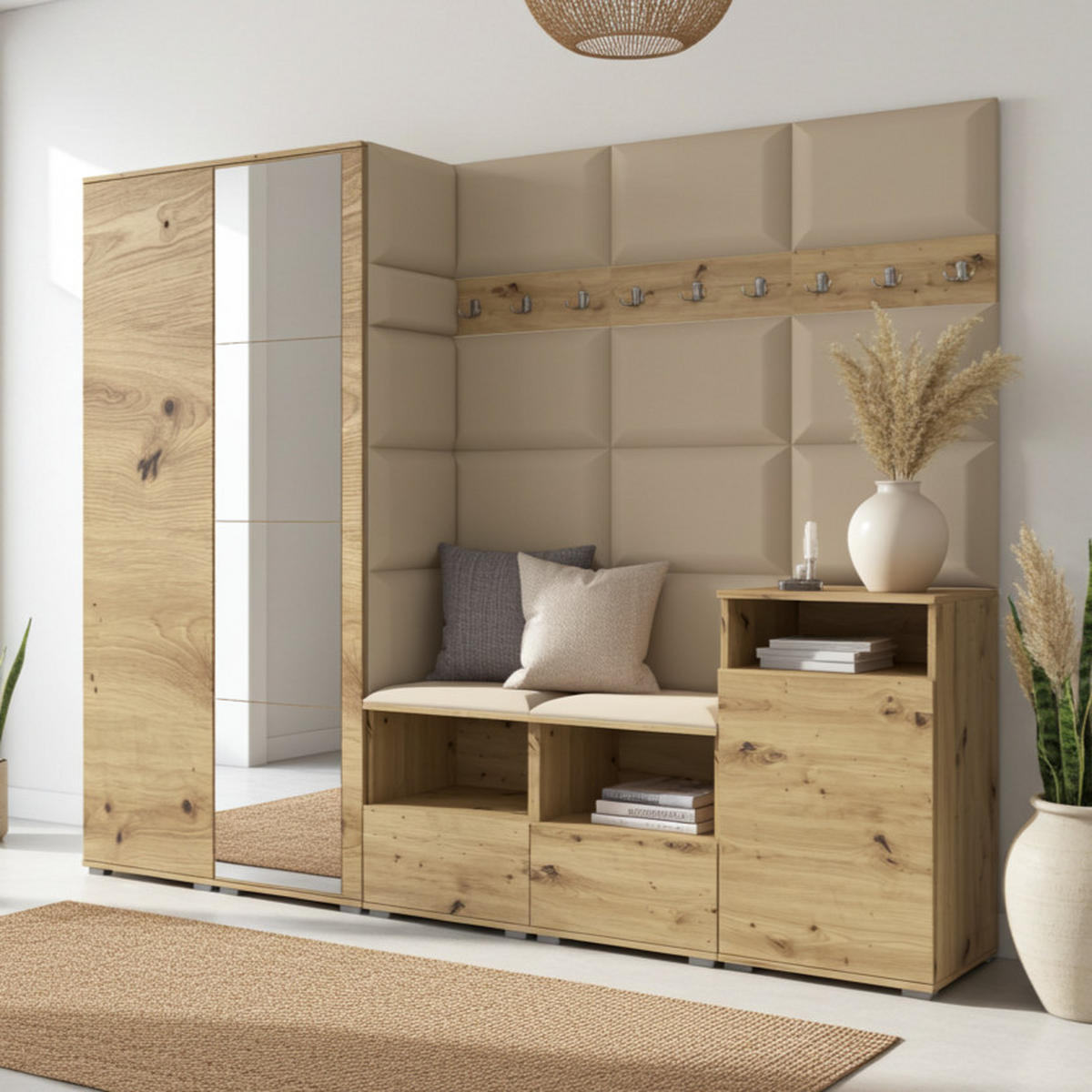 GARDEROBE NELA VIII 250 cm (Modulare Flurmöbel Artisan Eiche mit Spiegel & Sitzpolster Beige 04 Set XL) - Beige/Silberfarben, Holz/Holzwerkstoff (250/187/40cm) - Ravio