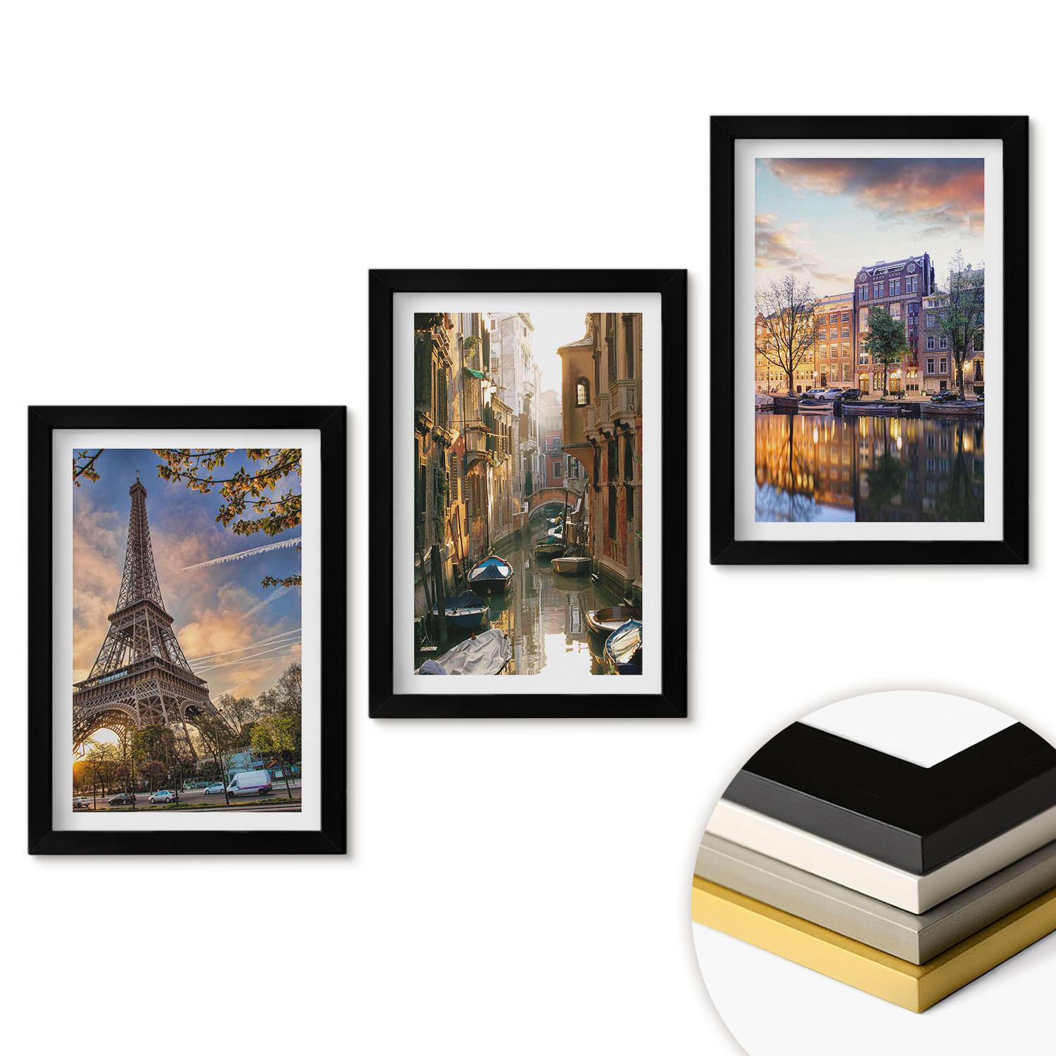 WANDBILDER 3er-Set - 20x30 cm Schwarzer Rahmen - Eiffelturm Venedig Amsterdamer Kanäle - Schwarz, Kunststoff (20/30cm) - ArtPrintCave