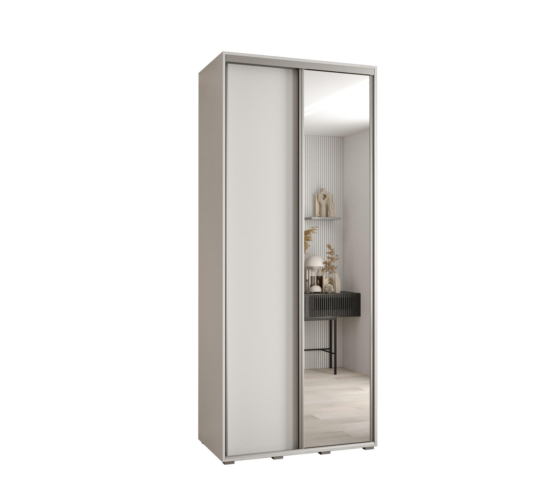 Abiks Möbel Schwebetürenschrank Weiß, Weiß, Silber 100x235x60 cm