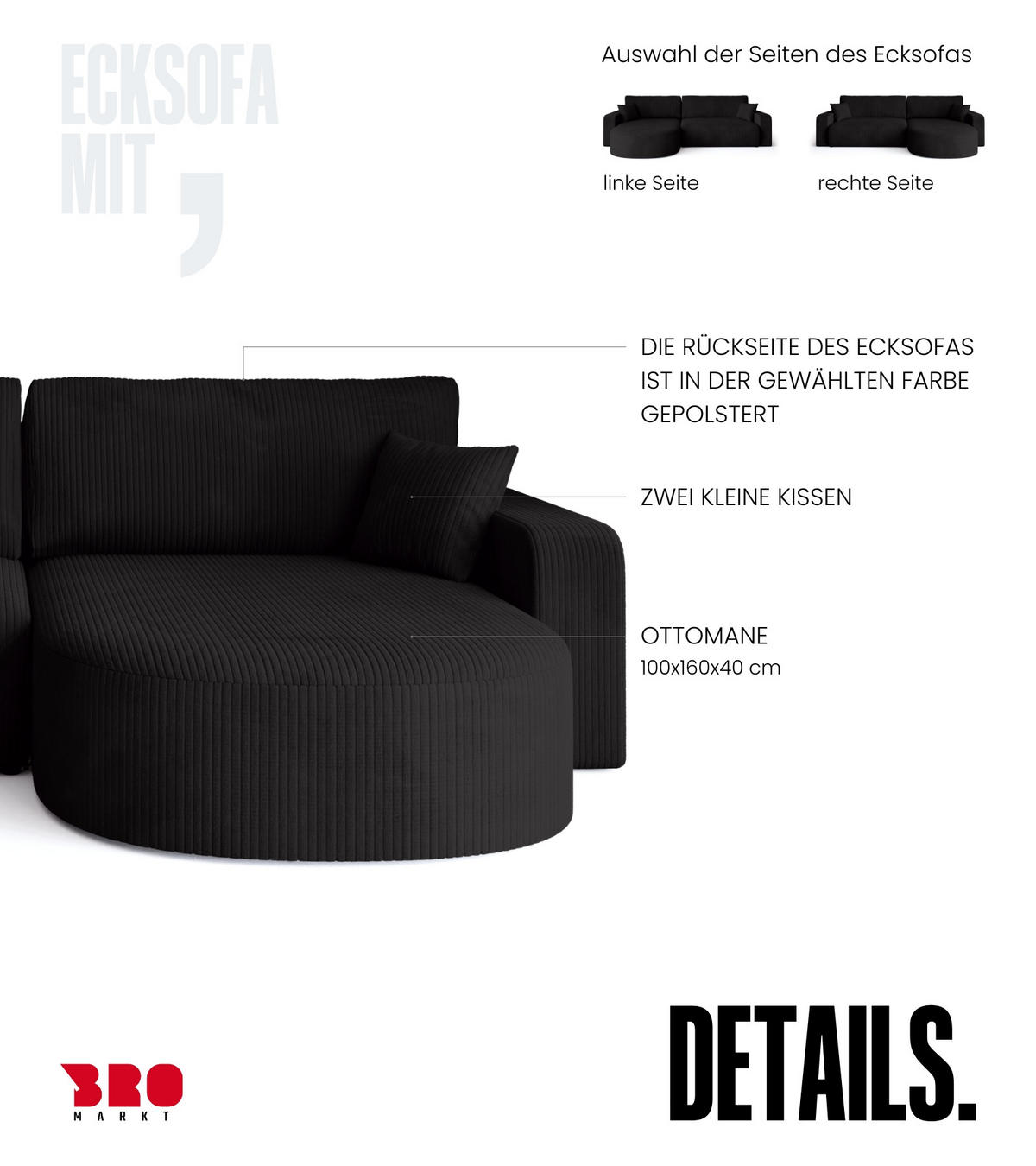 ECKSOFA Bisk mit Schlaffunktion Schwarz Cordstoff - Schwarz, Textil (275/170cm) - Bromarkt