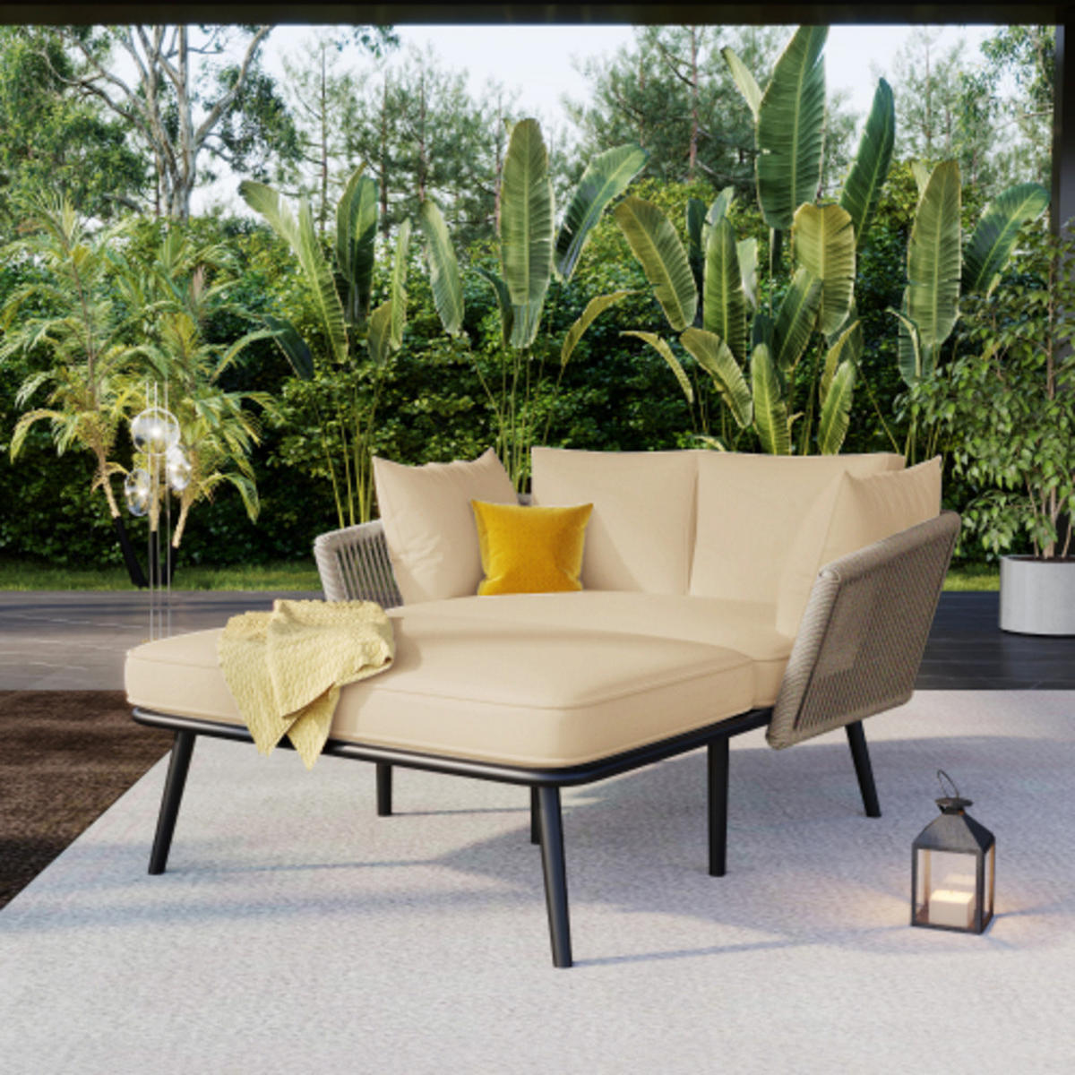 GARTENLIEGE 130x120x67 cm aus Stahl und Polyester mit handgeflochtenen Details, Sandfarben - Sandfarben, Textil (120/67/130cm) - Luhomfu