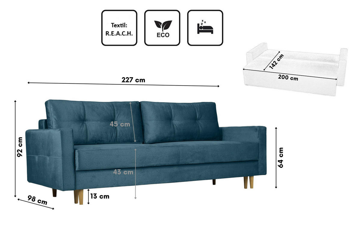SCHLAFOSOFA Floro 3-Sitzer Stoff Monolith Blau - Blau, Holz/Textil (227/92/98cm) - Kaiser Möbel