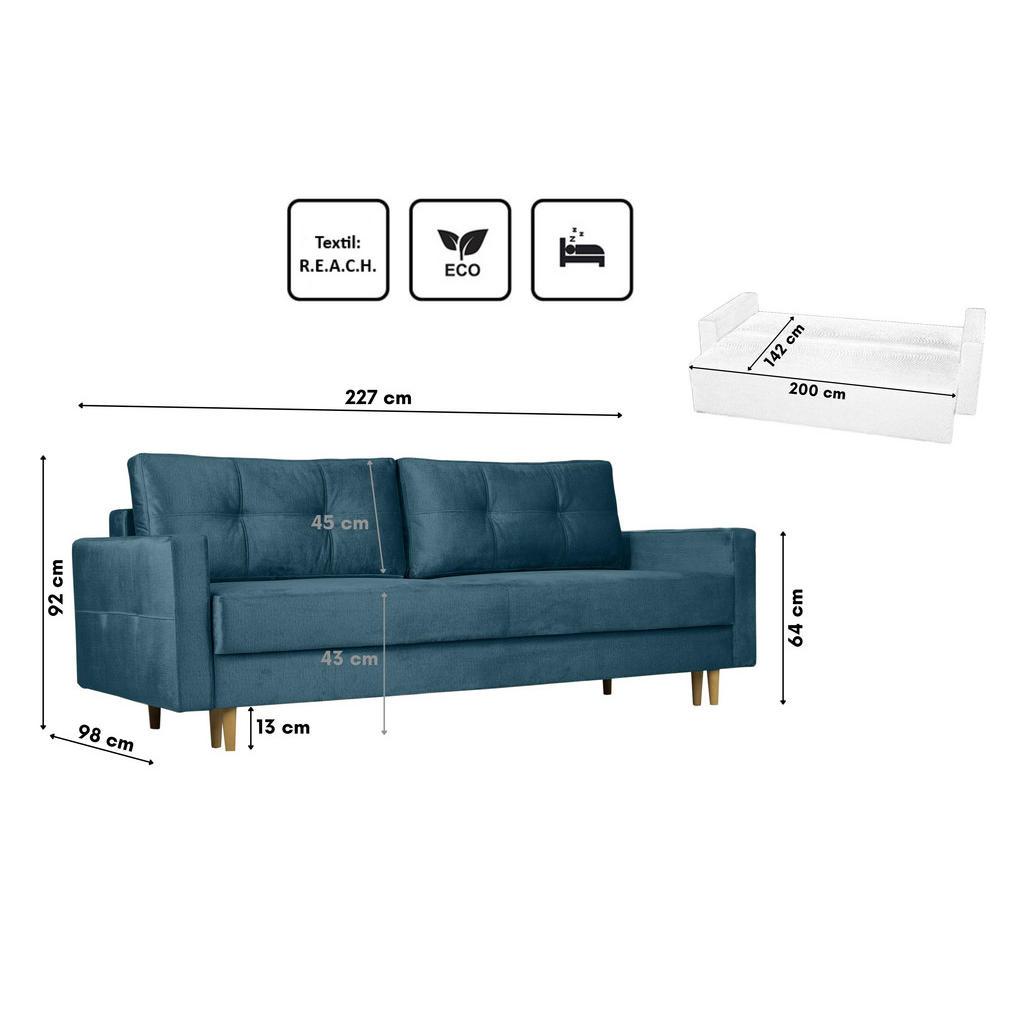 Thumbnail - Kaiser Möbel Schlafosofa, Blau, Textil, einzeln stellbar,Rechteckig, 227x92x98 cm, Wohnzimmer, Sofas & Couches, Schlafso...