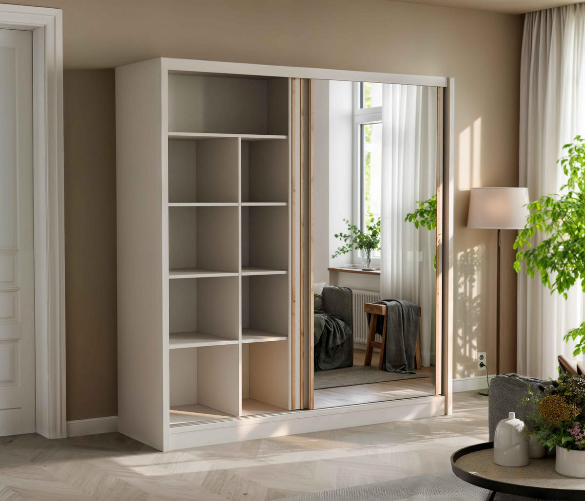 SCHWEBETÜRENSCHRANK SORA 203/215/60,5 cm 2-türig mit Spiegel Kaschmir - Kaschmir, Holzwerkstoff (203/215/60.5cm) - MASSENO