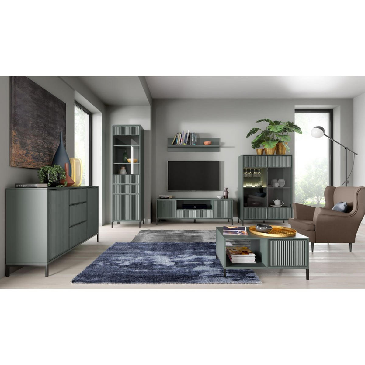 VITRINE Linna mit Schublade 105 cm dunkelgrün - Dunkelgrün/Schwarz, Holzwerkstoff/Metall (105/150/41cm) - Beautysofa