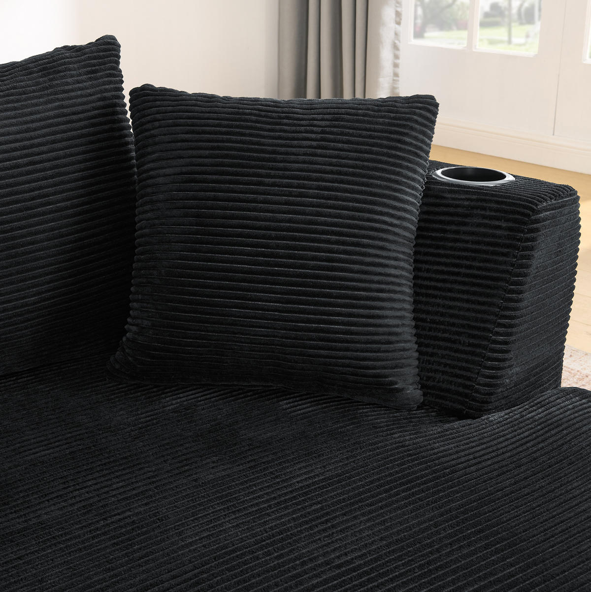 SOFA 3-Sitzer bogenförmig mit Getränkehaltern Kordstoff Schwarz - Schwarz, Textil (168/264.1cm) - Meubliv
