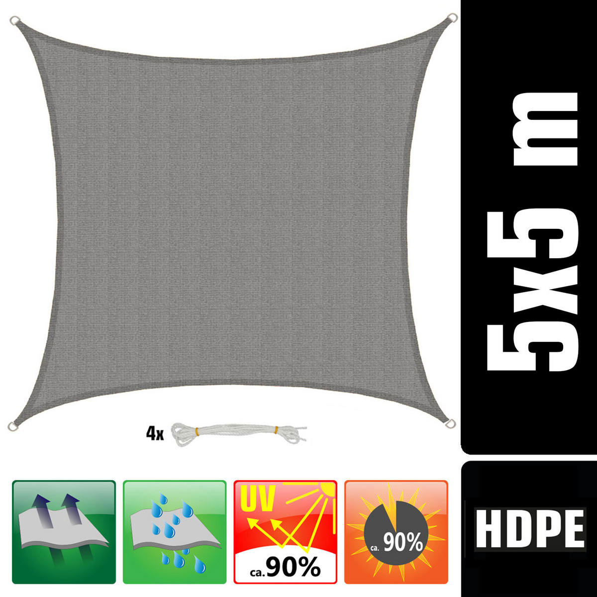 UV-SONNENSEGEL 5/5 m, Viereckig, Wasserdurchlässig, Grau - Grau, Kunststoff (500/500cm) - Amanka