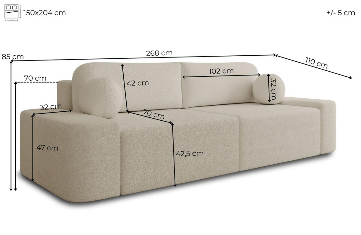SOFA Lisbon - Beige (Arena 3) - Beige, Holzwerkstoff (268/85/110cm)